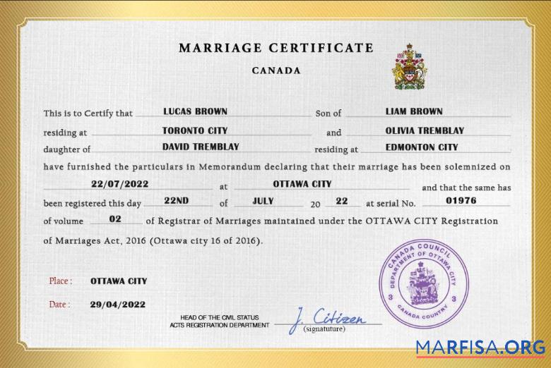 Printable Canada marriage certificate PSD template
